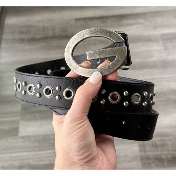 Y2K Womens Guess Black Leather Studded Belt Size L Buckle - Picture 5 of 5